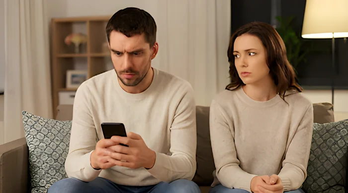 Mężczyzna siedzi i przegląda telefon, podczas gdy kobieta obok patrzy na niego ze zniecierpliwioną miną w salonie.