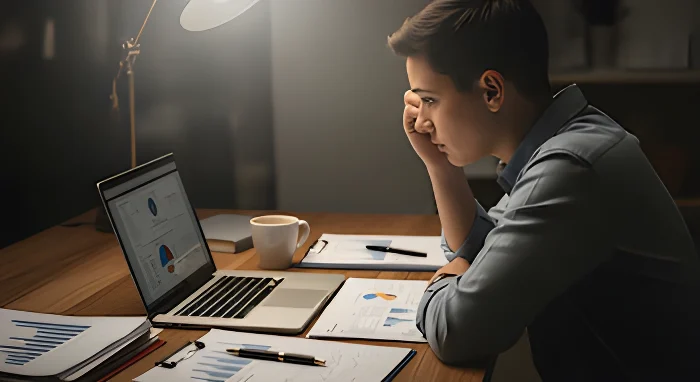 Widok z boku na młodego specjalistę siedzącego przy drewnianym biurku i patrzącego na laptopa z wykresami. Na biurku leżą dokumenty, długopis, stoi filiżanka kawy i lampka.